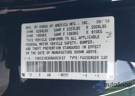 2011 Honda Accord 2.4 Lx-S from USA, damaged, VIN 1HGCS1B30BA003127